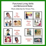 A grid of different images against individuals performing various daily living activities against a white background. Above are the words "Functional Living Skills and Behavioral Rules."