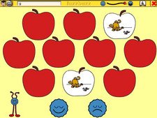 Various red apples, with two white apples with worms inside them. There are two faces at the bottom of the screen, one happy and one sad. To the left, there is a small "bug-like" children's character.
