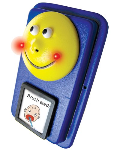 A blue rectangular device with a large yellow smiley face at the top. Below the smiley face, there is a square illustration of a child brushing their teeth with the words "brush teeth" in black font.