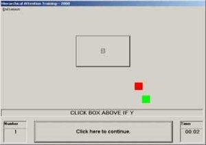 Screenshot of a grey screen with a grey square in the center with two smaller red and green squares below and a menu button below that reads "Click here to continue."