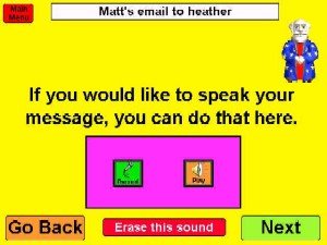 Large yellow square showing screenshot of email input screen with large colored control buttons. 