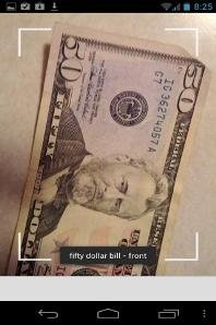 Screenshot of a $50 US dollar bill being photographed on an Android device.