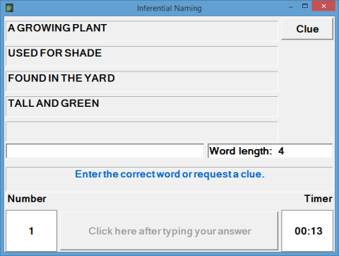 Screenshot of Windows program with a list of phrases, including "A growing plant," "used for shade," and "tall and green," with a text box below that says "Word length: 4." At the bottom of the screen, there is a timer in the right bottom corner and a text box that says "Number" with the number 1 displaying in the bottom left corner.