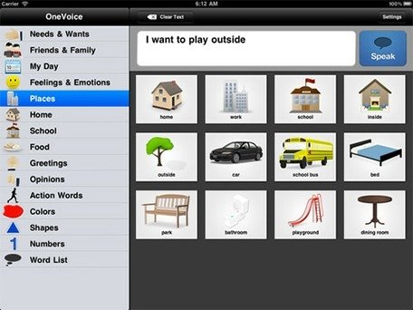 One voice screen view of categories on the left and related pictograms on right.