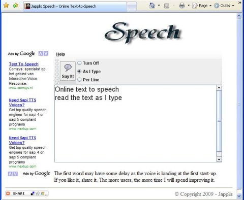 Screenshot of Web browser-like window with a text input box. Above, the word "Speech" in black italic font.