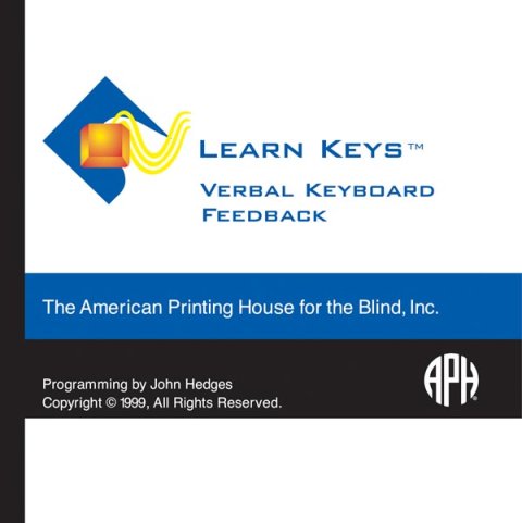 Learn Keys logo: a blue partial square with an orange cube and yellow swirl graphic on top. Next to it are the words "Learn Keys, Verbal Keyboard Feedback" in blue font. Underneath are the words "The American Printing house for the Blind, Inc." in white font against a blue bar.