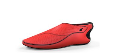 A red athletic shoe with black trim.