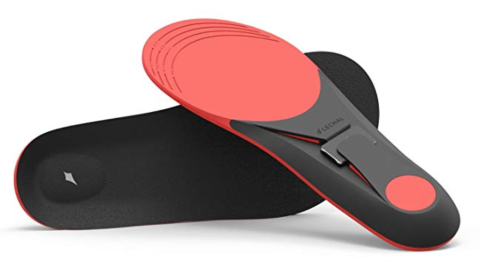 Red shoe insoles with a black underside.
