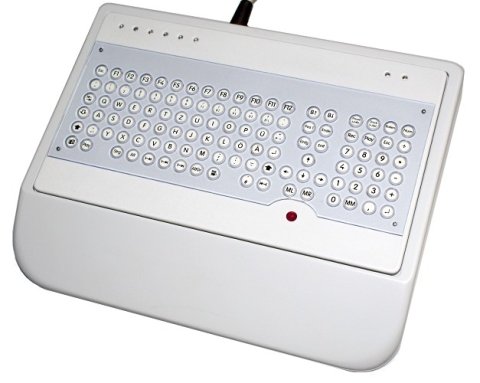 White, wired, mini keyboard with small keys, palm resting area, and tiny trackball.