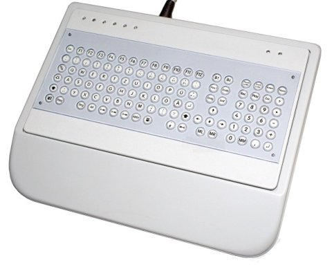 White, wired, mini keyboard with small keys and palm resting area.