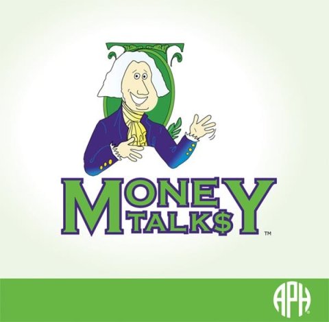 A cartoon figure of a man wearing a powder wig and Colonial-era clothes above the words "Money Talks" in green font. The "s" in "talks" is a dollar sign.