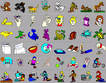 Screenshot of many different illustrations of colorful monsters and other objects against a dark grey background.