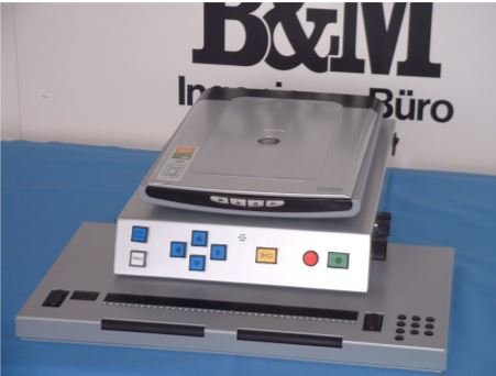 A standard looking flatbed scanner with large, multi-colored buttons set on a rectangular base.