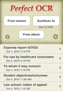Screenshot of iOS menu featuring a beige color scheme. At the top, it says "Perfect OCR" in red font. Beneath, there are three white buttons reading, "From camera; SureScan 3x; and From album." Below, there is a list of documents created by the user with various titles. 