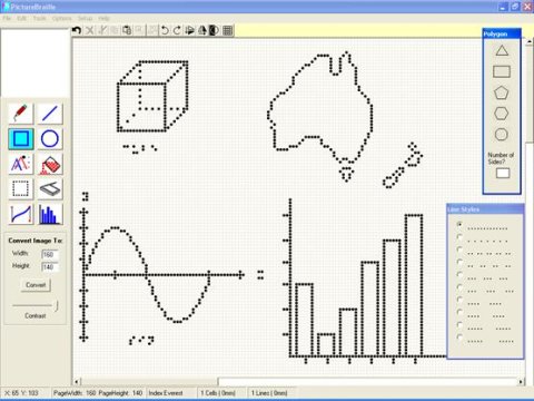Screenshot of program running in Windows interface displaying various line graphics and line/bar graphs on a graphing paper background. A vertical menu bar runs down the lefthand side of the screen.