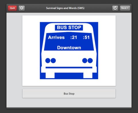 Screenshot of a software program with an illustration od a white bus against a blue background that reads "Bus Stop, Arrives: 21:51, Downtown." Beneath the illustration, a button reads "Bus Stop."