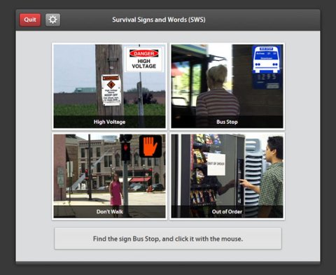 Screenshot of a software program with four different images of people navigating public transportation/crosswalks. Beneath, a button reads, "Find the sign Bus Stop, and click it with the mouse."