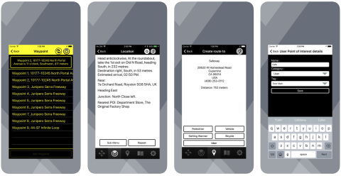 Four different screenshots of turn-by-turn directions, route creators, and points of interest finders. The app interface is high contrast, with a white, black, and yellow color scheme.