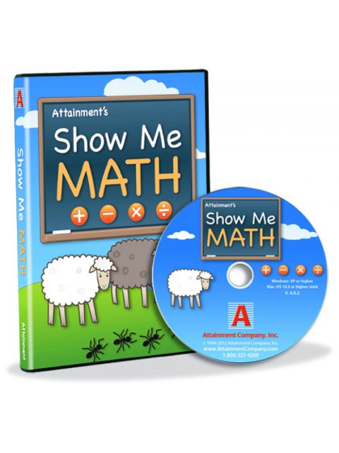 A DVD case with an illustrated blue sky, green grass, a grey sheep, and a white sheep. On the cover, the words, "Show Me Math." Next, to the case, there is a matching CD shown.