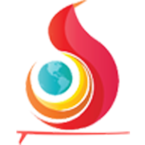 A red flame-like graphic with a small blue globe alongside. There is a red border below.