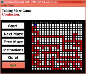 Screenshot showing name of game being played across the top, a menu of command options along the left side, and a maze on the right.