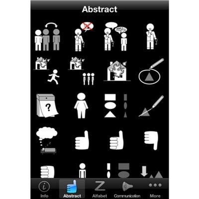 Pictograms that include black and white icons of people, symbols, gestures, and actions.