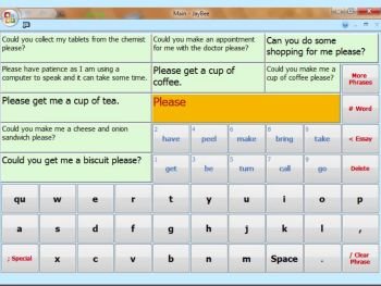 JayBee communication software with phrases and an onscreen QWERTY keyboard.