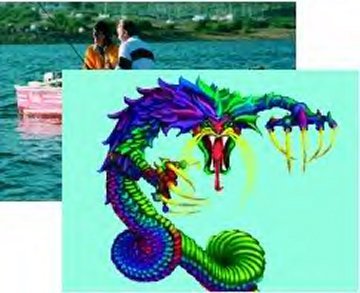 Colorful drawing of an angry purple and green dragon overlaid on a picture of two people fishing from a boat.
