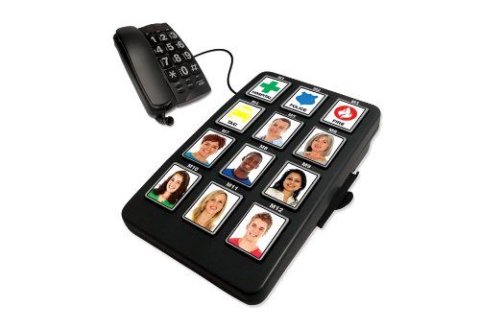 A black rectangular device with 12 photos arranged in a 3 by 4 grid. The device is connected to the corded analog telephone.
