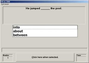 Screenshot showing a white box in the middle with three word choices and a sentence above with a blank space for the user to choose one of the words.