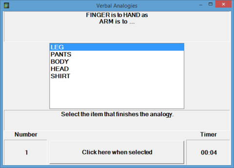 Screenshot of software showing a large window in the middle of the screen with five word choices and a sentence above with analogy that leaves out the comparison for the user to choose.