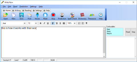 Screenshot of main screen with menu button options across the top, a text input window below on the left, and a corrections window on the right.