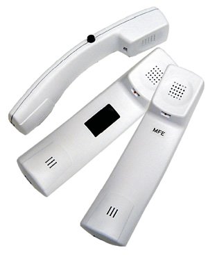 Aerial and side view of three white telephone handset receivers with a speaker on one end and microphone on the opposite. There is a large black button in the middle of one handset; another has no button; and the third has a button on the side towards the top of the grip.