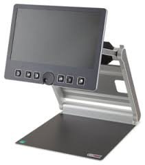 Dark gray, blank, flat display screen attached to a folding arm connected to a flat platform.