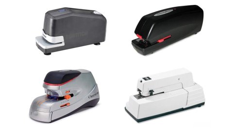 Four different models of electric staplers. They resemble standard staplers and range from black, to dark grey, to white in color.
