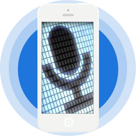 A white smartphone with an image of a black microphone inside a grid of small rectangles against a background of a blue circle with two lighter blue bands around it.