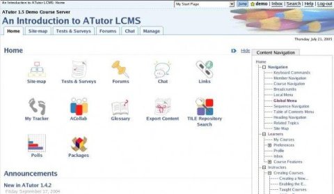 ATutor homepage tutorial screen with menu options such as forums, chat, and links with corresponding icons and the content navigation menu pane to the right.
