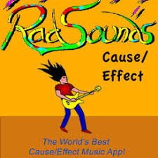Orange square logo with the title RadSounds name written in multiple colors across the top and a cartoon image of a man playing a yellow guitar below it.