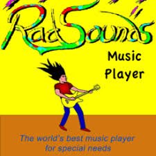 Yellow square logo with the title RadSounds name written in multiple colors across the top and a cartoon image of a man playing a yellow guitar below it.