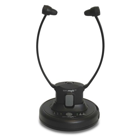 Stethoscope style headphones with rubber earbuds attached to underchin receiver, place upright in docking station.