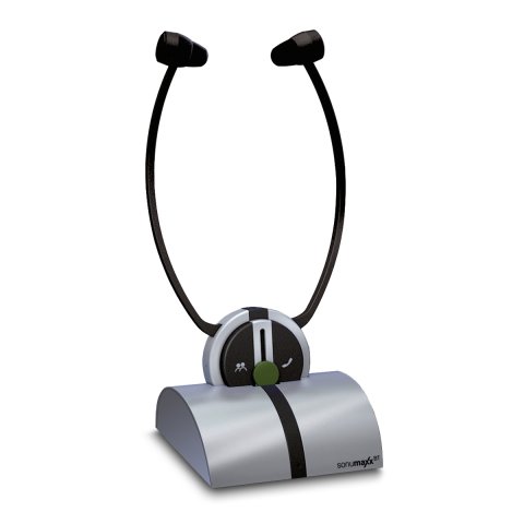 Black stethoscope style headphones with rubber earbuds attached to transmitter and placed upright in silver docking station.