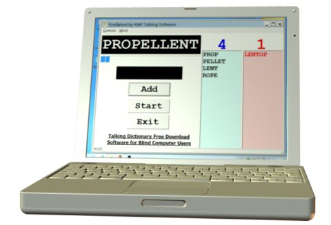 Laptop with display opened and showing a screenshot of a 10-letter word, control buttons below it, and two columns on the right with words in them. 