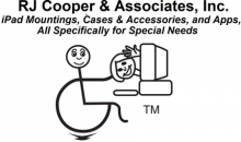"Stick figure" person sitting in a wheelchair at a computer. There is a cartoon illustration of another person leaning out of the computer screen waving hello. Above, the words "RJ Cooper & Associates, Inc. IPad mountings, cases & accessories, and Apps, all specifically for special needs."