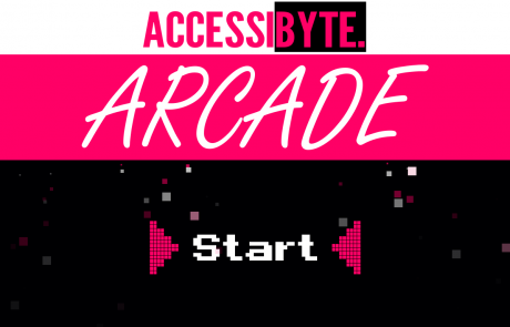 Screenshot of a white, fuschia, and black-colored program interface with the words "Accessibyte Arcade." In the center, there is the word "Start" in classic arcade font.