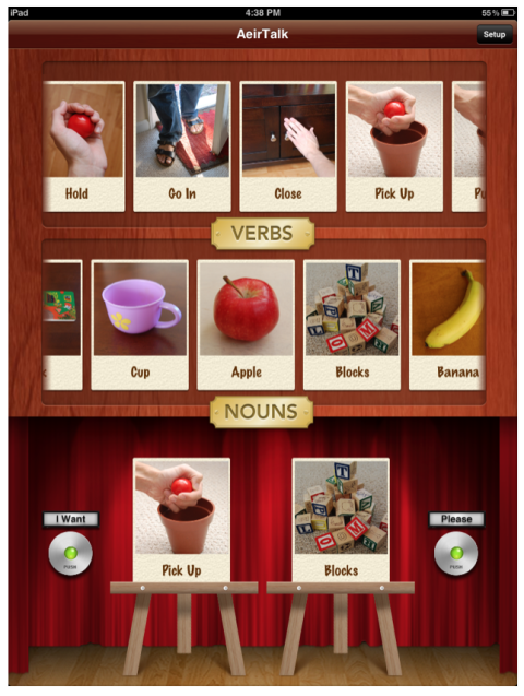 Screenshot of an app menu interface with various picture icons and different category labels, such as "nouns" and "verbs."