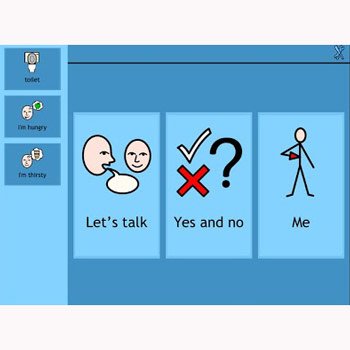 Communication screen with the phrases "Let's talk," "yes and no", and "me" accompanying pictograms.