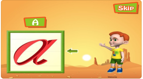 An animated sunset desert scene with a cartoon boy pointing to a cursive "a" in a box to the left of the screen.