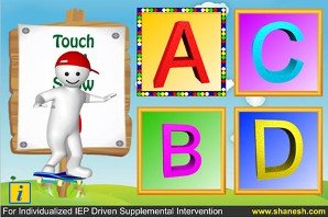 Screenshot of a colorful iPad app displaying the letters "A," "B," "C," and "D." To the left, a cartoon illustration of a boy character points to the letters.