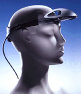 Purple 3D image of head from the neck up wearing a visor-like headpiece with a cable attached to the back of it.