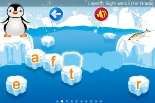 Screenshot of an illustrated scene with ice caps and glaciers, with a baby penguin standing on a glacier to the left and several small ice drifts with letters on them drifting around.